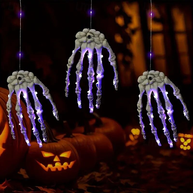 3 PCS Purple Ghost Hand Light 20LED Battery Powered Halloween Skeleton Hand Hanging Light for Bedroom Party or Indoor Space Plastic Skeleton Hand Design with Glowing Purple Effect Halloween Decoration4