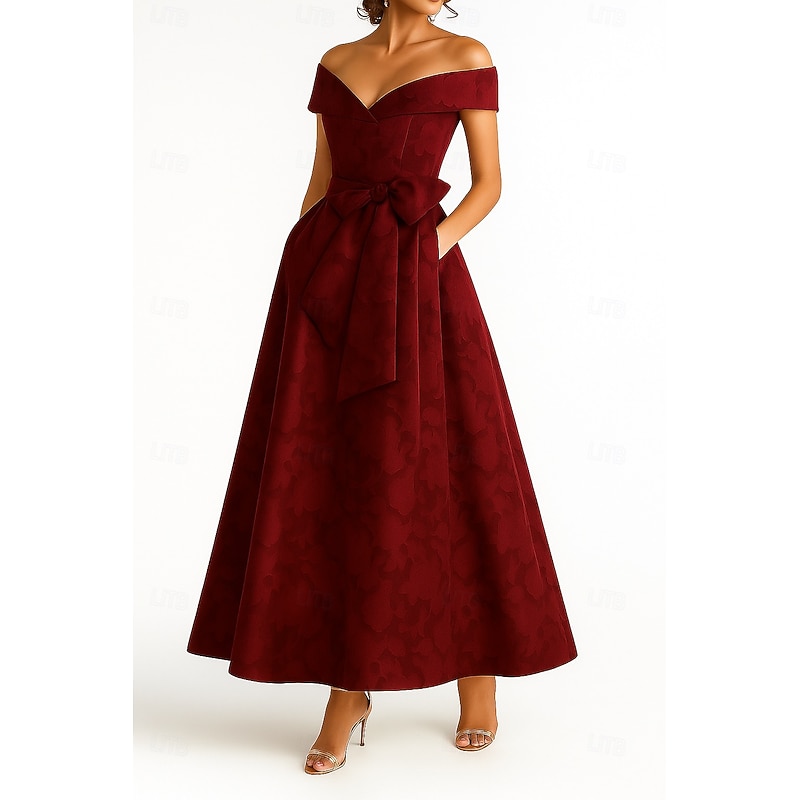 Burgundy Blue Mother of the Bride A-Line Evening Gown Elegant Dress Formal Wedding Floor Length Short Sleeve Off Shoulder Pocket Nylon with Bow(s) Strappy4