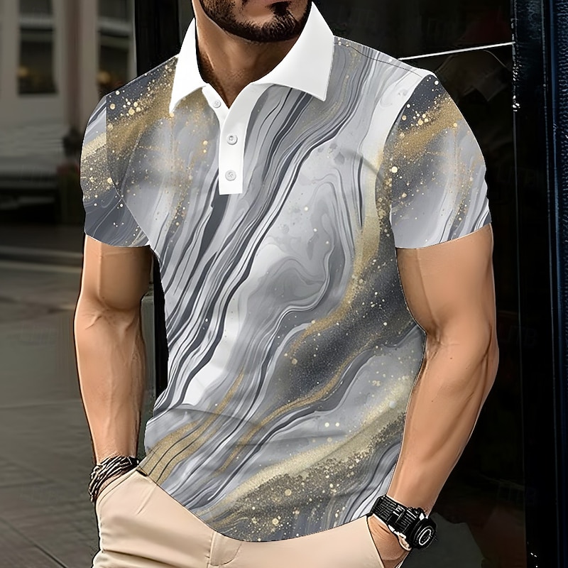 Men's Abstract Geometic Polo Short Sleeve Polo Shirts Lapel Casual Athleisure Daily Wear 3D Print Buttons Summer Lake blue Purple Dark Gray