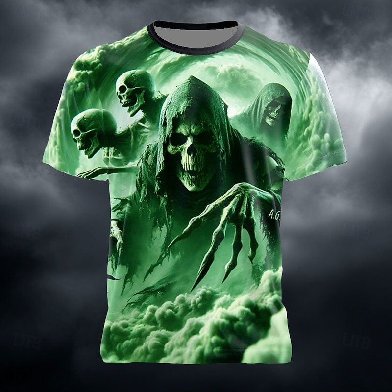 Halloween Men's Optical Illusion Grim Reaper 3D Reaper T Shirt Short Sleeve T shirt 3D Print Crew Neck Shirt Exaggerated Designer Horror Party Street Holiday Blue Green Summer Spring All Seasons