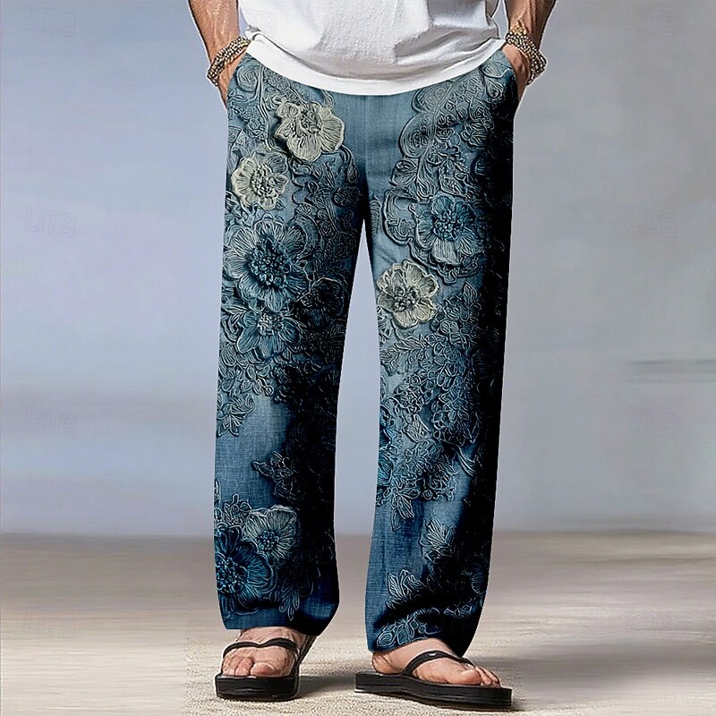 Men's Floral Print Flowers Pants Trousers Casual Pants Mid Waist Drawstring Elastic Waist Bohemian Vintage Retro Outdoor Vacation Straight Leg Trousers Spring Fall 3D Print Blue Purple Brown3
