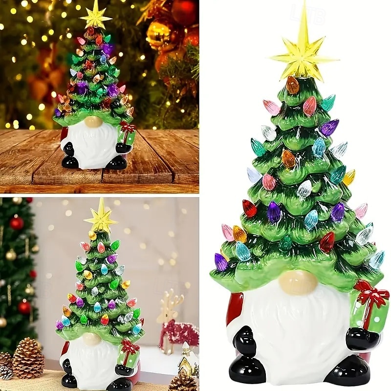 Resin Christmas Tree Dwarf Charming Resin Gnome Christmas Tree with Multicolor Lights Battery-Operated Indoor/Outdoor Holiday Decor for Home, Kitchen, Office
