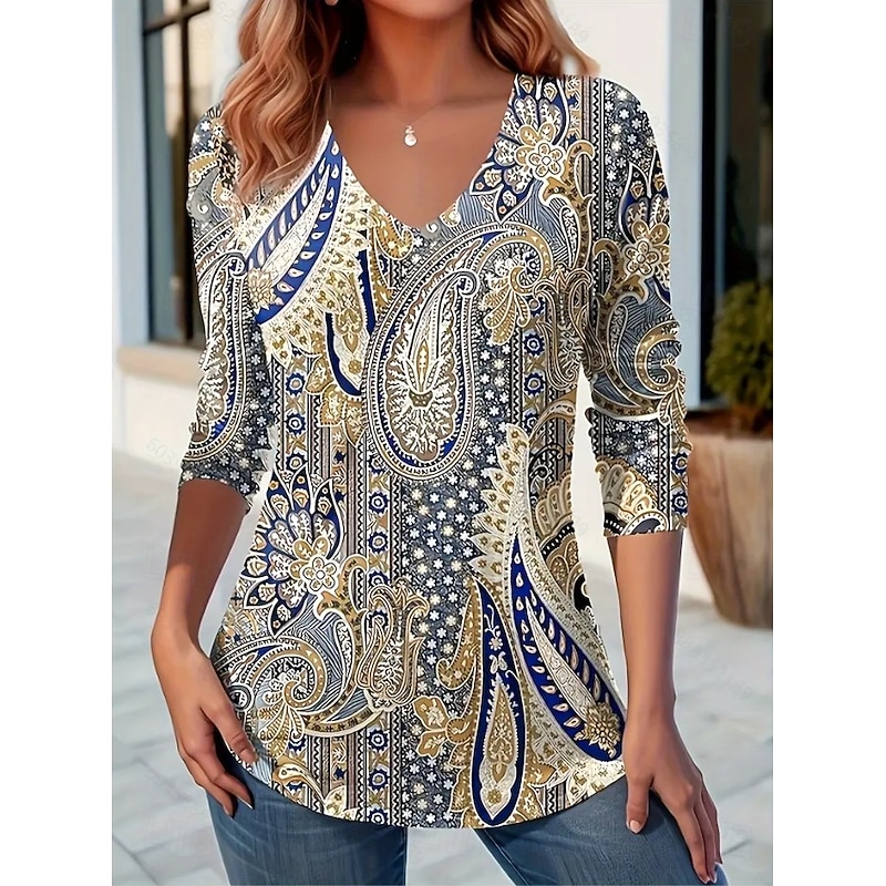 Women's T Shirt Floral Graphic Paisley Vintage Stylish Classic Long Sleeve V Neck Regular Tops Daily Print Black Red Blue Dusty Blue Purple Spring Fall Winter
