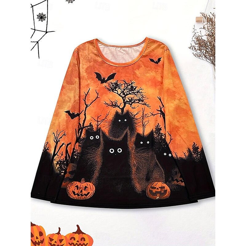 Halloween Women's T shirt Black Cat Graphic Cat Pumpkin Vintage Stylish Classic Long Sleeve Crew Neck Round Neck Regular Tops Daily Print Orange Fall Winter2
