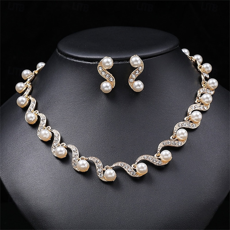 Jewelry Set Two-piece Suit Pearl Chrome Earrings Necklace Women's Elegant Vintage Fashion Vintage Style Classic Jewelry Set For Wedding Party Wedding Guest