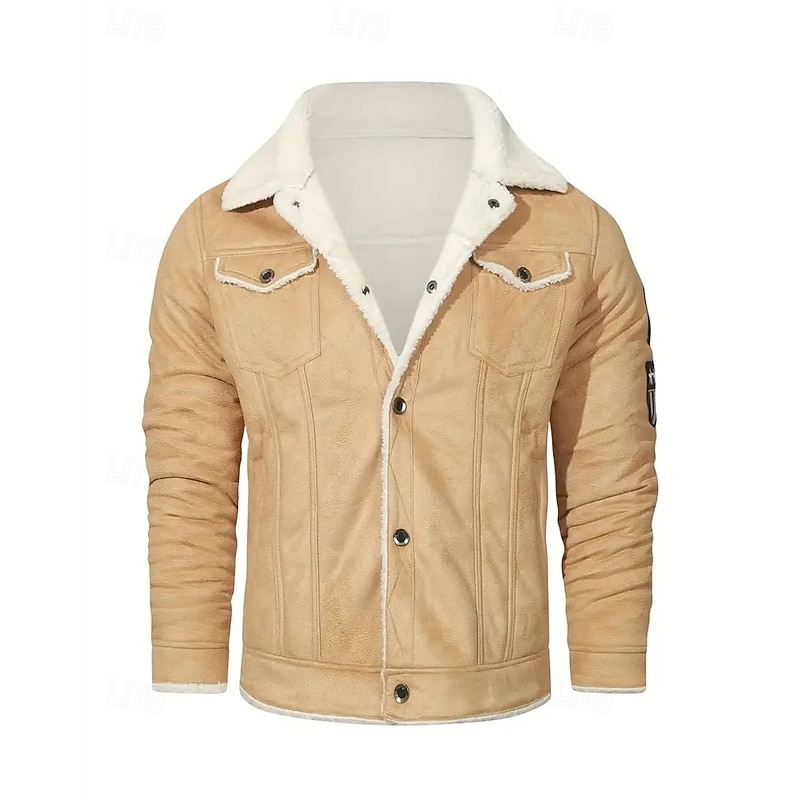 Men's Winter Jacket Fleece Jacket Casual Jacket Vacation Daily Thermal Warm Pocket Fleece Fall Winter Plain Fashion Streetwear Lapel Regular Black Khaki Jacket3