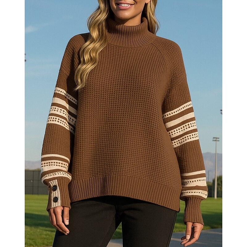 Women's Knitted Pullover Sweater Turtleneck Sweater Long Sleeve Top Athleisure Fall High Neck Patchwork Fashion Outdoor Travel Sportswear Activewear Black White Coffee
