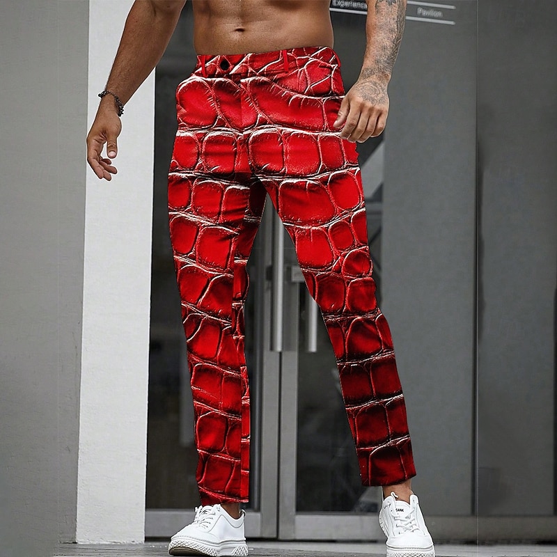Men's Geometric Crocodile Skin Prints Dress Pants Trousers Suit Pants Mid Waist Casual Outdoor Holiday Straight Leg Pants with Pockets Spring Fall 3D Print Red khaki Dark Blue