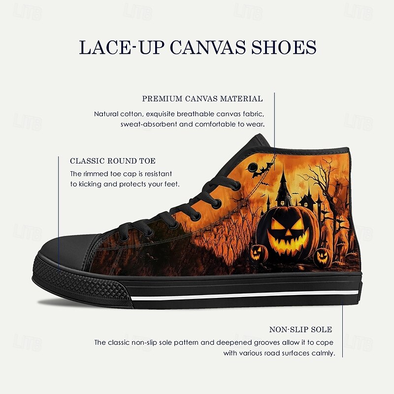 Men's Orange / Black High Top Sneakers with Halloween Pumpkin Print – Casual Festival Canvas Shoes for Party, Streetwear and Everyday Wear4