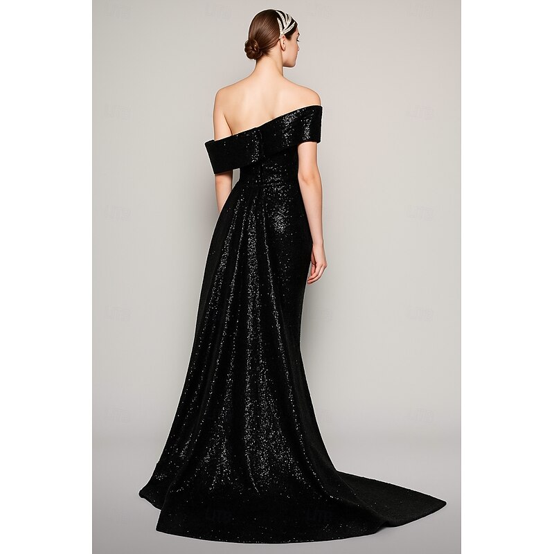 Sequined Black Blue A-Line Evening Gown Elegant Dress Carnival Formal Floor Length Short Sleeve One Shoulder Detachable with Glitter 20253