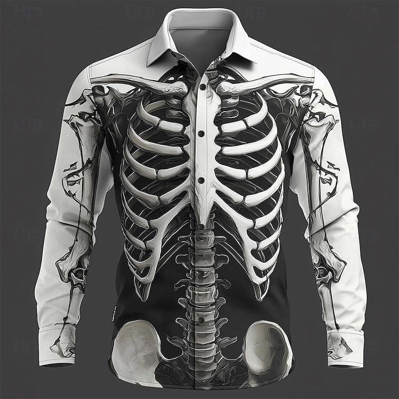 Halloween Men's Optical Illusion Skeleton Shirt Button Up Shirt Long Sleeve Dark Punk Gothic Style Outdoor Holiday Summer Spring Turndown 3D Print Collared Shirts White+Black Black Brown