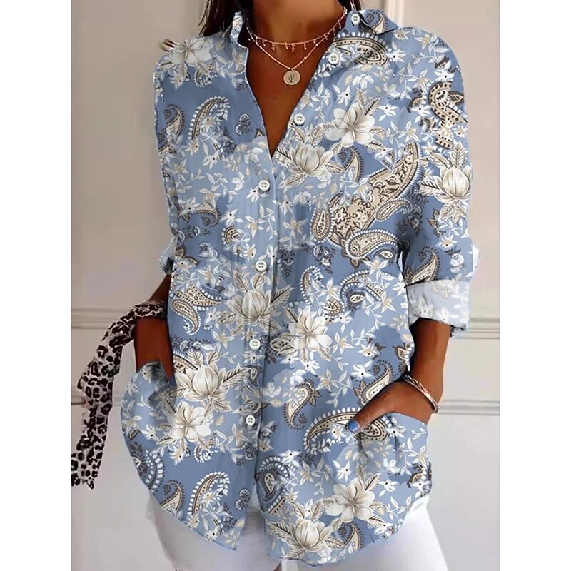 Women's Shirt Floral Graphic Elegant Vintage Tropical Long Sleeve Bishop Sleeve Shirt Collar Regular Tops Daily Holiday Print Red Blue Green Summer Spring