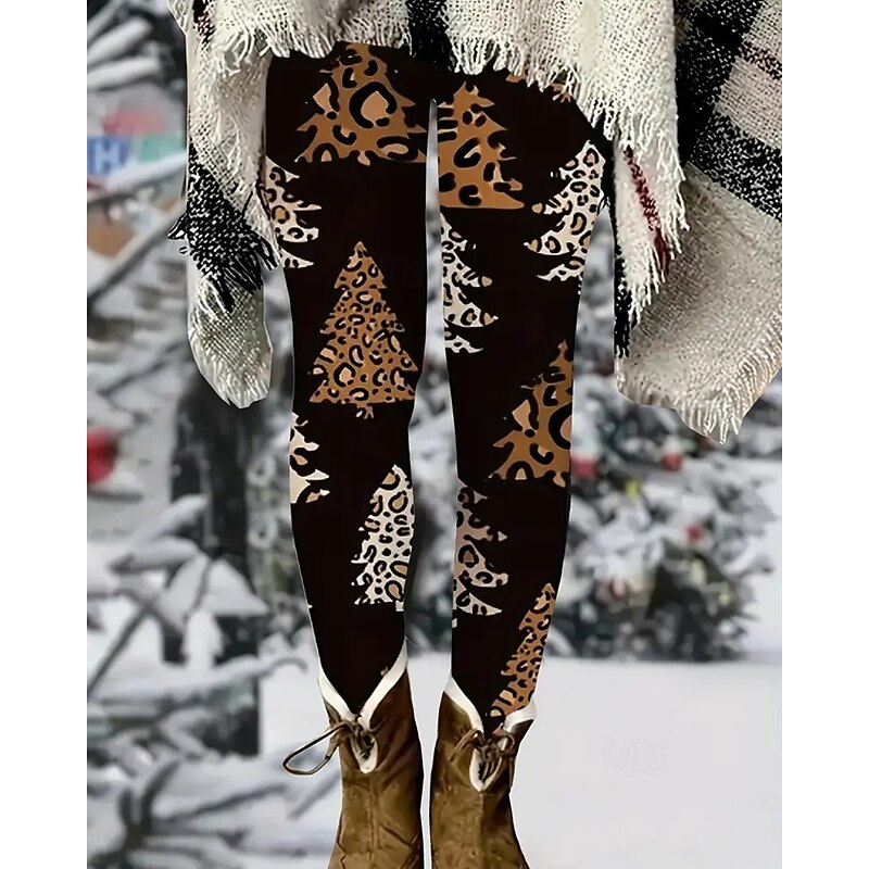 Women's Pants Trousers Leggings Cozy Leggings Streetwear Casual Full Length High WaistPantsUgly Christmas Leopard Tree Elastic Waist Print Breathability Comfortable Stretchy Vacation Street Daily Wear