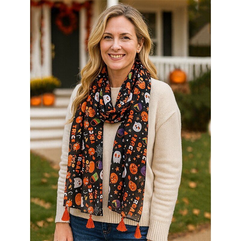 Women's Halloween Trick or Treat Scarf – Lightweight Pumpkin Ghost Print Shawl with Tassels for Costume Parties, Autumn Fashion and Festive Wear2