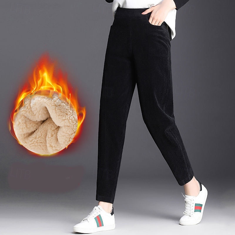 Women's Fleece Pants Corduroy Pants Slacks Streetwear Casual Full Length Natural Plain Pocket Elastic Waist Comfortable Outdoor Vacation Daily Wear Grey Black Coffee Winter Regular Fit4