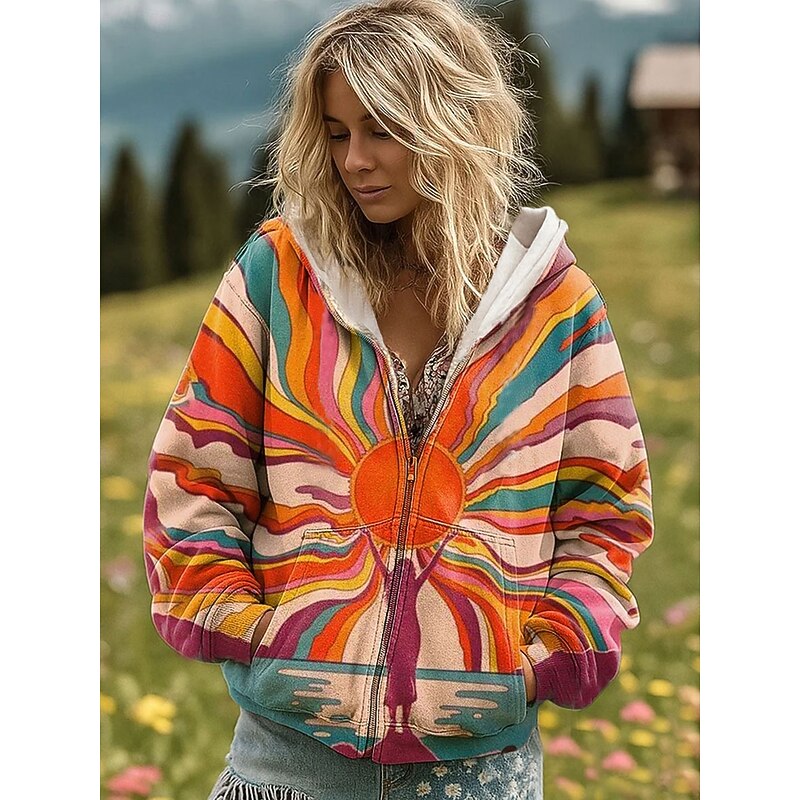 Women's Zip Up Hoodies Graphic Geometric Rainbow Fashion Casual Long Sleeve Hooded Regular Tops Street Dailywear Zipper Pocket Print Purple Orange Green Spring Fall