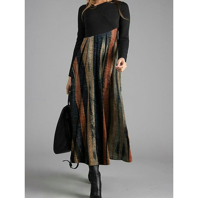 Women's Midi Dress A Line Dress Casual Daily Regular Fit Graphic Geometric Color Block Long Sleeve V Neck Dark Brown Yellow Blue Brown Spring Fall Winter4