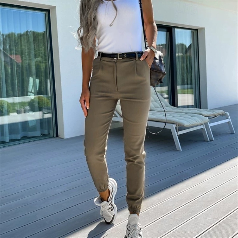 Women's Slacks Straight Streetwear Casual Full Length Natural Plain Zipper Comfortable Street Holiday Daily Wear Black Dark Green Green Khaki Fall Regular Fit