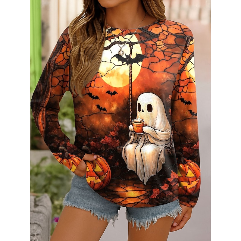 Halloween Women's T shirt Ghost Graphic Vintage Fashion Stylish Long Sleeve Crew Neck Round Neck Regular Tops Weekend Print Blue Purple Orange Green Spring Fall