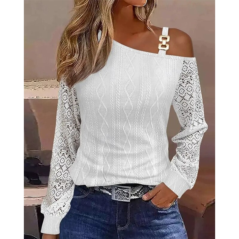 Women's T Shirt Plain Casual Long Sleeve One Shoulder Regular Tops Daily Going out Weekend Pearl White and gray White Ivory off-white Summer