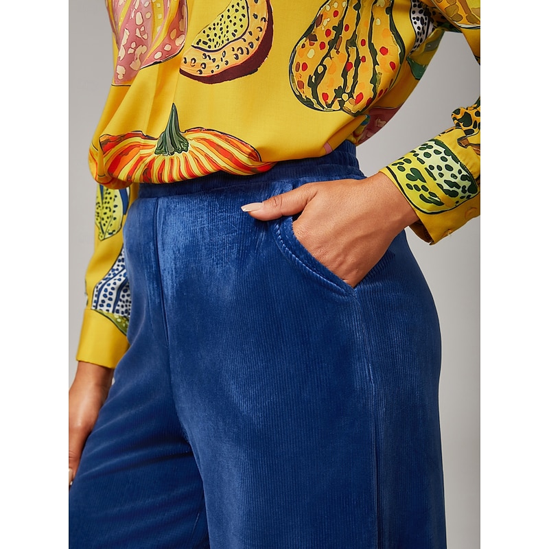 Women's Wide Leg Trousers Casual High Stretch Corduroy Ribbed Texture Elastic Waistband Blue Elastane3