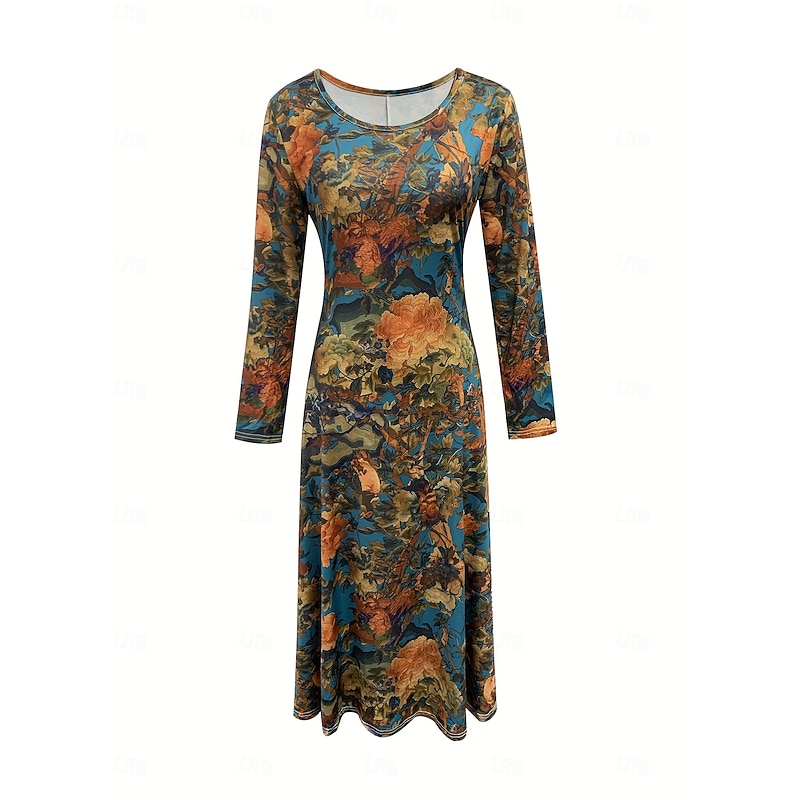 Women's Maxi Dress Sheath Dress A Line Dress Casual Boho Wedding Guest Beach Regular Fit Floral Graphic Long Sleeve Crew Neck Blue Spring Fall Winter2