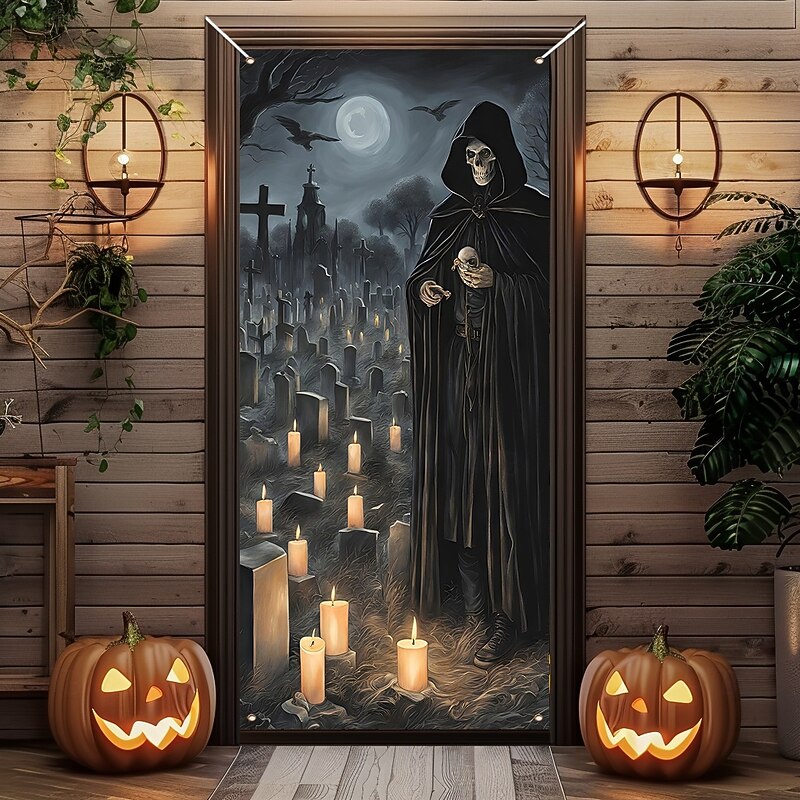 Halloween Door Cover Outdoor Banners Skeleton Grim Reaper Cemetery Psychedelic Dark Punk Gothic Style Party Outdoor Shooting Backgrounds Front Door Wall Porch Home Decor3