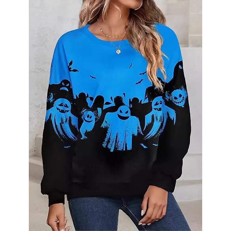 Halloween Women's Pullover Sweatshirt Hoodies Ghost Graphic Fashion Casual Long Sleeve Crew Neck Regular Tops Street Dailywear Print Blue Purple Orange Green Spring Fall Winter3