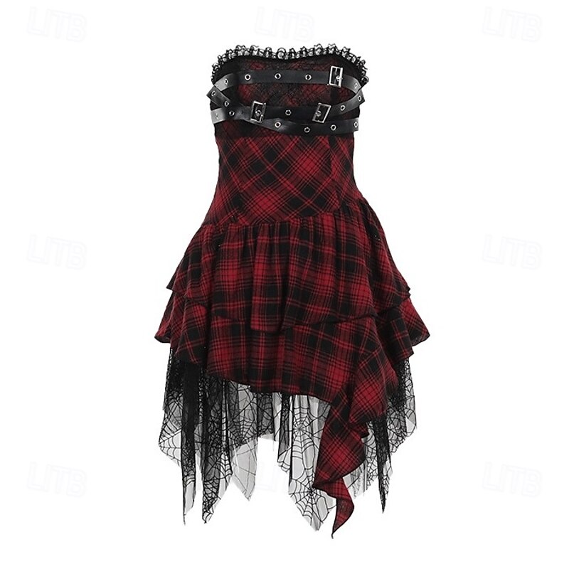 Punk & Gothic Asymmetrical Dress Sleeveless Goth Girl Lace Plaid Fancy Dress Women's Halloween Carnival Party Nightclub Adults Dress Summer3
