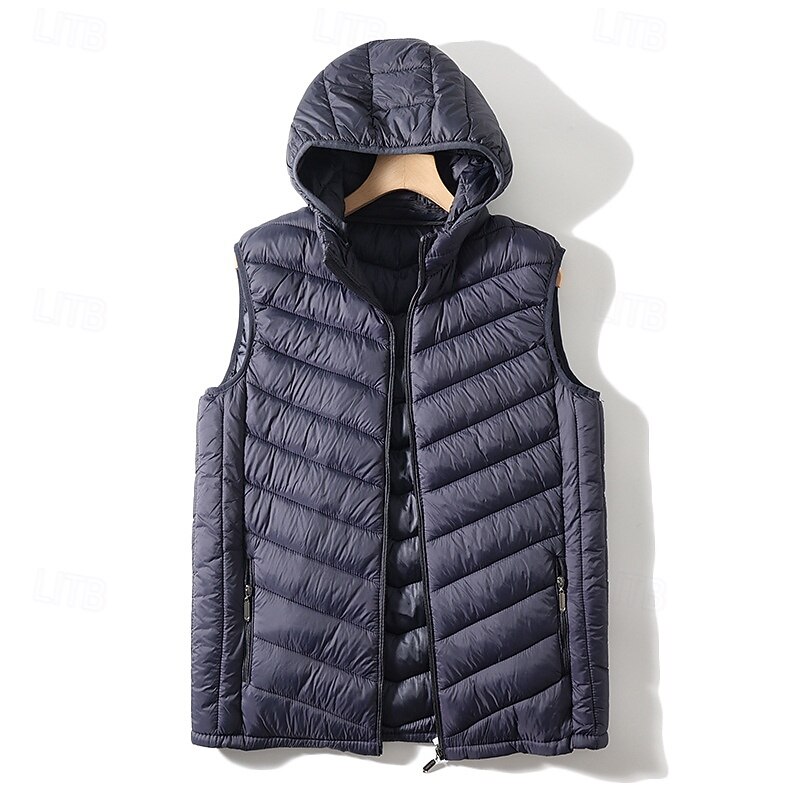Men's Puffer Vest Vest Gilet Vacation Daily Date Fashion Casual Fall & Winter Pocket Polyester Warm Comfortable Solid Color Zipper Hooded Regular Fit Black Navy Blue Vest3