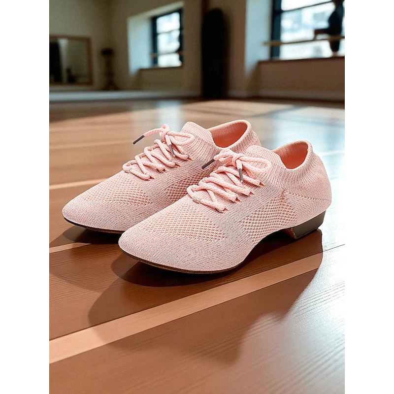 Women's Professional Dance Shoes - Coral Pink Flyknit Lace-Up Jazz and Practice Footwear with Low Heel, Lightweight and Breathable Design for Ballroom, Latin and Stage Performances3