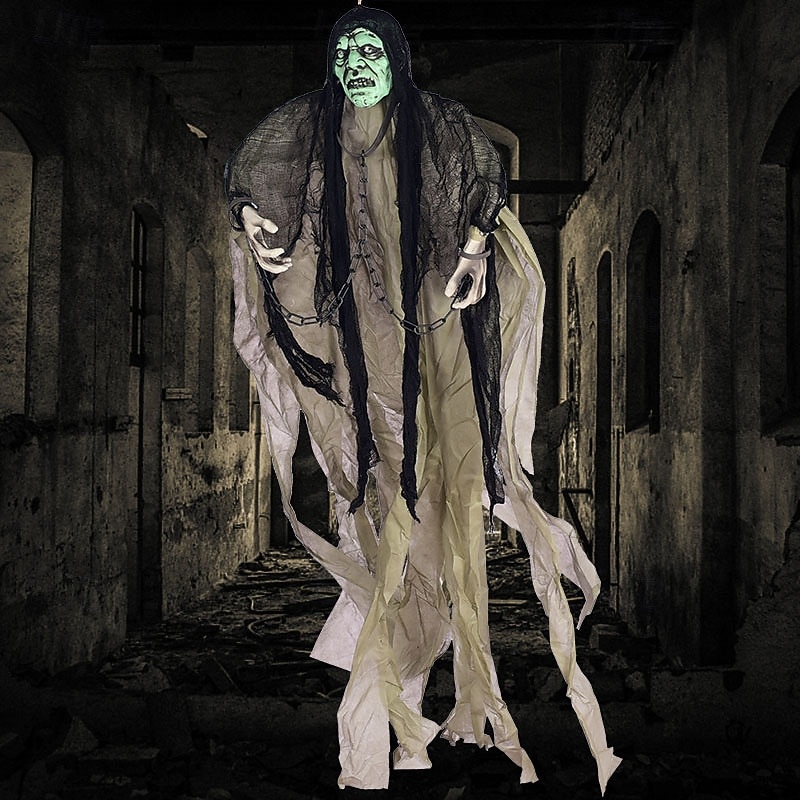 Haunted House Ghost Decoration, Glowing Eyes, Green Head, Gray Clothes - Halloween Party Prop