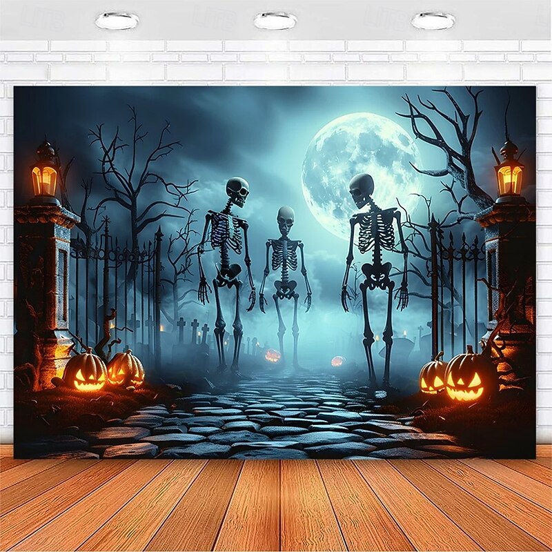 Halloween Skeleton Tapestry – Spooky Graveyard Moonlight Wall Art Backdrop with Jack-O'-Lanterns, Large Hanging Mural Blanket Curtain for Home Bedroom Living Room Decoration