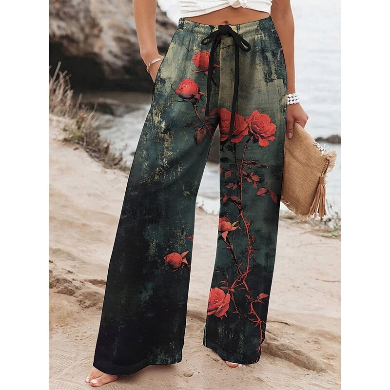 Women's Wide Leg Pants Trousers Vacation Casual Long High Waist Floral Elastic Waist Printing High Cut Breathability Soft Micro-elastic Vacation Street Daily Wear Yellow Blue Dark Green Green Spring
