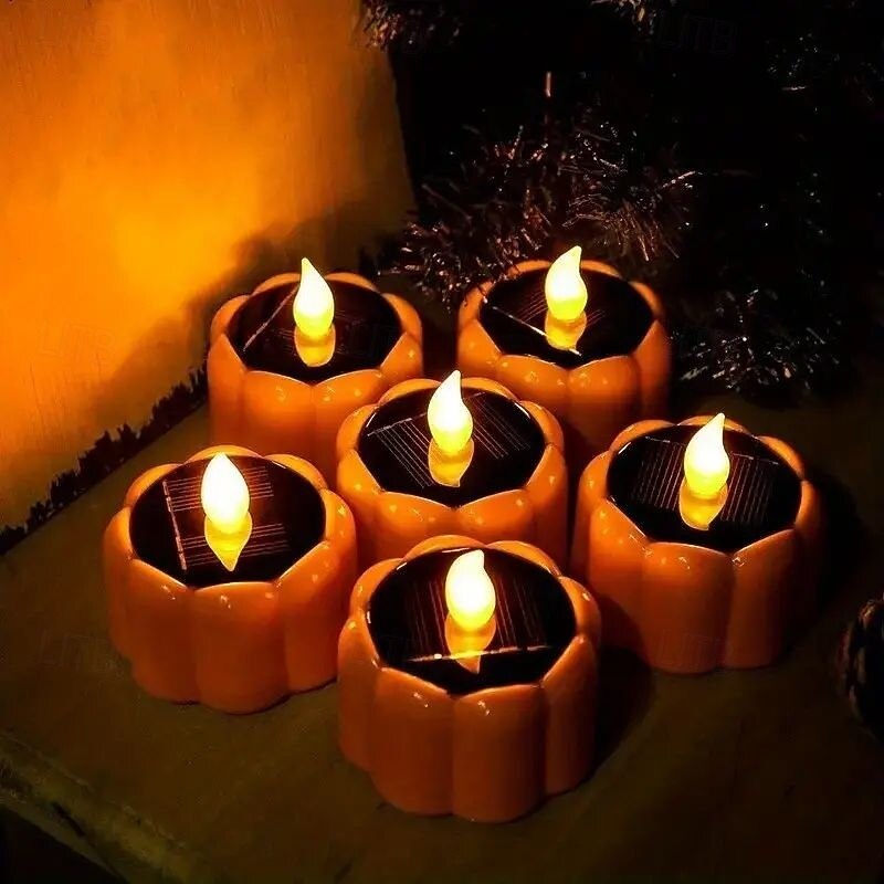 6PCS Solar LED Pumpkin Lantern Halloween Warm Color Flameless Candle Light Outdoor Waterproof Suitable for Halloween Party and Garden Yard Holiday Decoration