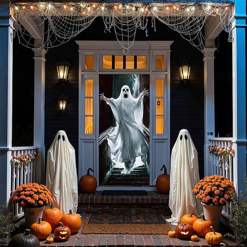 Halloween Door Cover Outdoor Banners Ghost Boo Psychedelic Dark Punk Gothic Style Party Outdoor Shooting Backgrounds Front Door Wall Porch Home Decor4