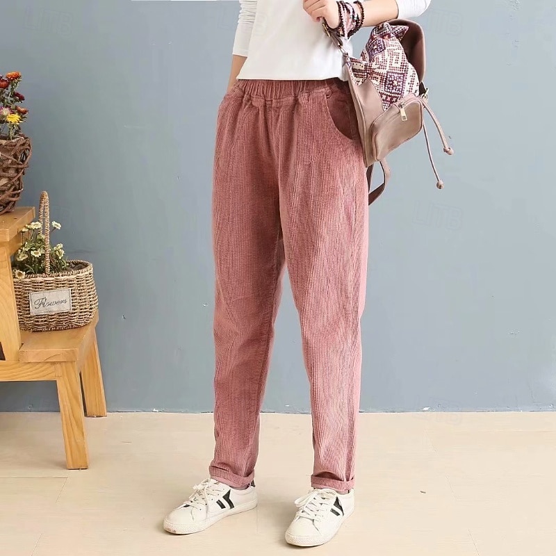Women's Corduroy Pants Slacks Straight Streetwear Casual Full Length Natural Plain Pocket Elastic Waist Comfy Holiday Weekend Apricot Grey Black Pink Fall Regular Fit2