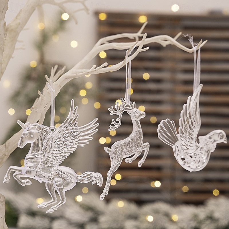 3pcs Christmas Crystal Hanging Ornaments, Creative Christmas Tree Decorations, Unicorn and Reindeer Transparent Acrylic Tree Hanging Decor, Holiday Home and Party Accessories