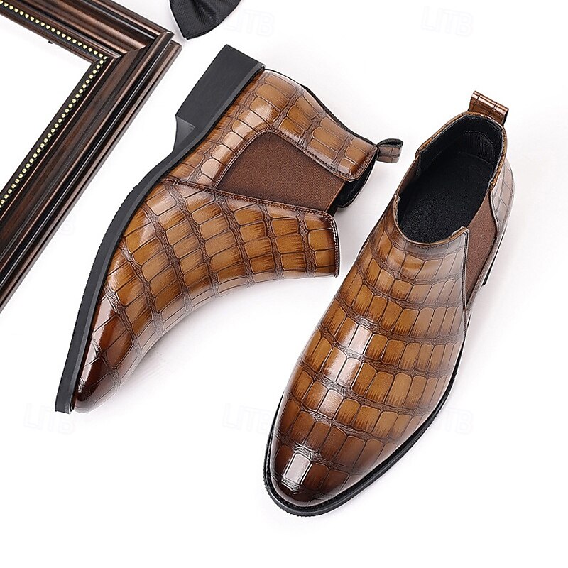 Men's Brown Crocodile Pattern Chelsea Boots – Slip-On Faux Leather Ankle Dress Boots for Business, Formal Events and Daily Wear3