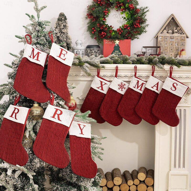 Christmas Stocking Red Knitted Letter Design Medium Size Embroidered Alphabet Holiday Sock DIY Gift Bag for Home Fireplace Festive Christmas Party Decoration Accessory2