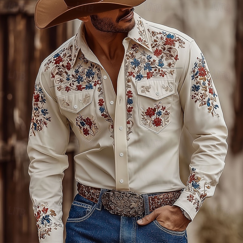 Men's Floral Print Flowers Shirt Western Shirt Cowboy Shirt Long Sleeve Vintage Retro Outdoor Daily WorkWear Fall & Winter Turndown 3D Print Front Two Pockets Button Up Shirts Yellow Pink Blue Apricot