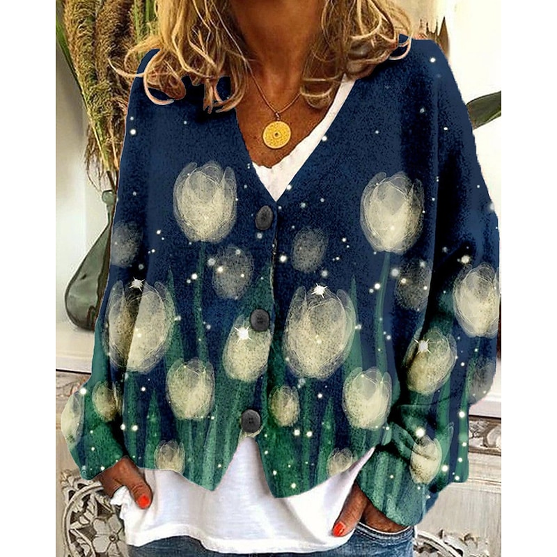 Women's Coat Casual Jacket Warm Comfortable Print Fashion Modern Casual Animal Going out Weekend Single Breasted Regular V Neck Regular Fit Long Sleeve Outerwear White Green Light Grey Fall Winter