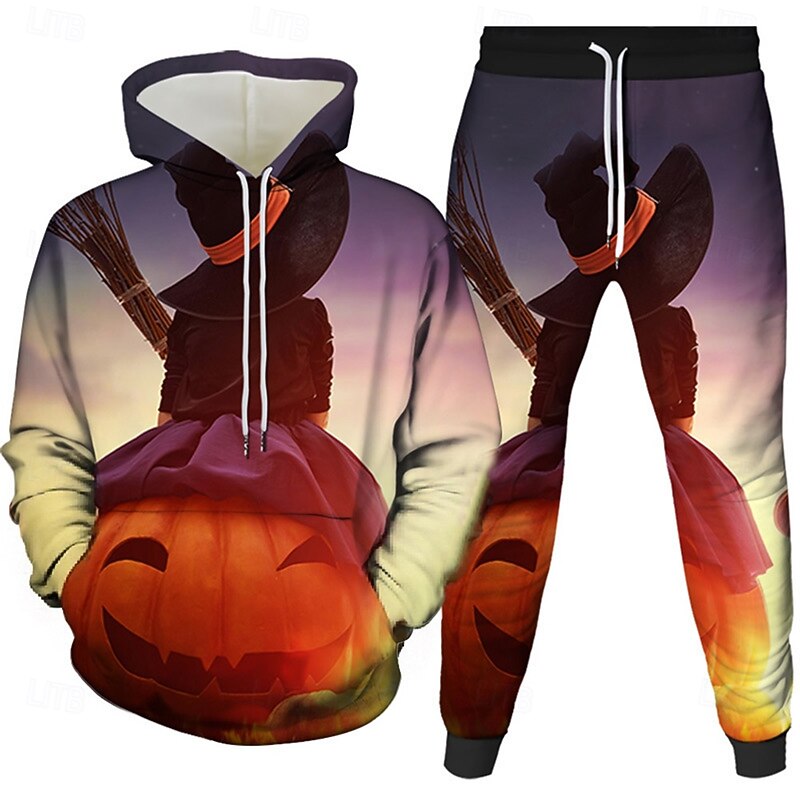 Halloween Men's Pumpkin 2pcs 3D Sweatshirt Sets Tracksuit Hoodie Sweatshirt Long Sleeve Long pants Hooded Casual Daily Athleisure Festival Outfit 3D Print Hooded Spring Fall Winter Black Yellow Orange2