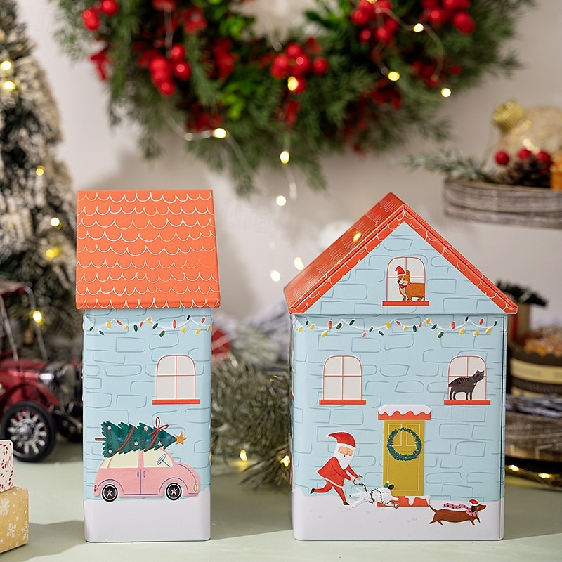 Christmas Cookie Tins with Lids for Gift Giving Xmas Tin Containers Creative Blue Dog House Design Metal Storage Box Holiday Candy Gift Packaging Festive Christmas Party Decoration Accessory3