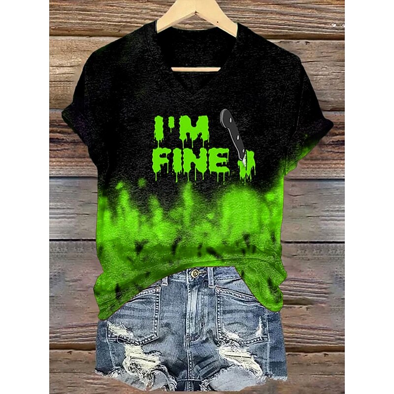 Halloween Women's T Shirt Ombre Graphic Letter Vintage Stylish Classic Short Sleeve Crew Neck V Neck Round Neck Regular Tops Daily Weekend Print Red Orange Green Summer Fall Winter2