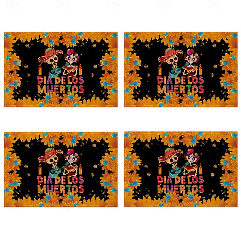 1pc/6pcs/7pcs Halloween Maple Leaf Skull Candle Linen Tablecloth Table Mat Halloween Gift Design Tablecloth Suitable for Home Dining Room and Restaurant Table Decoration Home Decoration Tablecloth Ind3