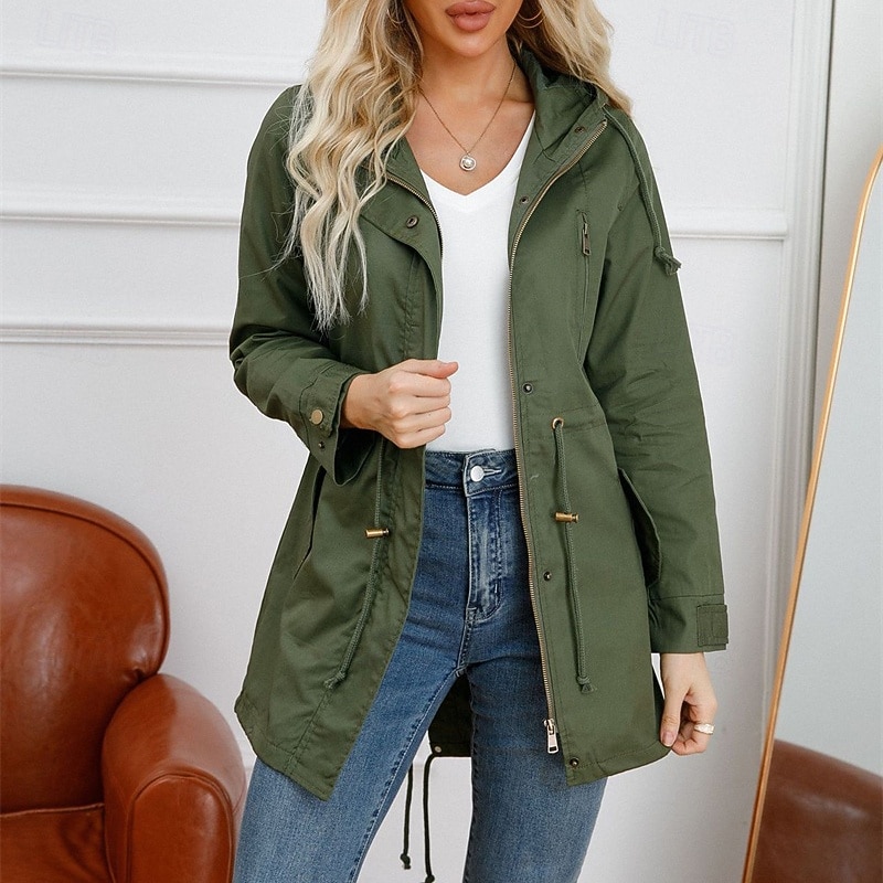 Women's Casual Jacket Warm Comfortable Zipper Pocket Fashion Outdoor Plain Going out Weekend Zipper Regular Hooded Regular Fit Long Sleeve Outerwear Black White Wine Fall Winter4