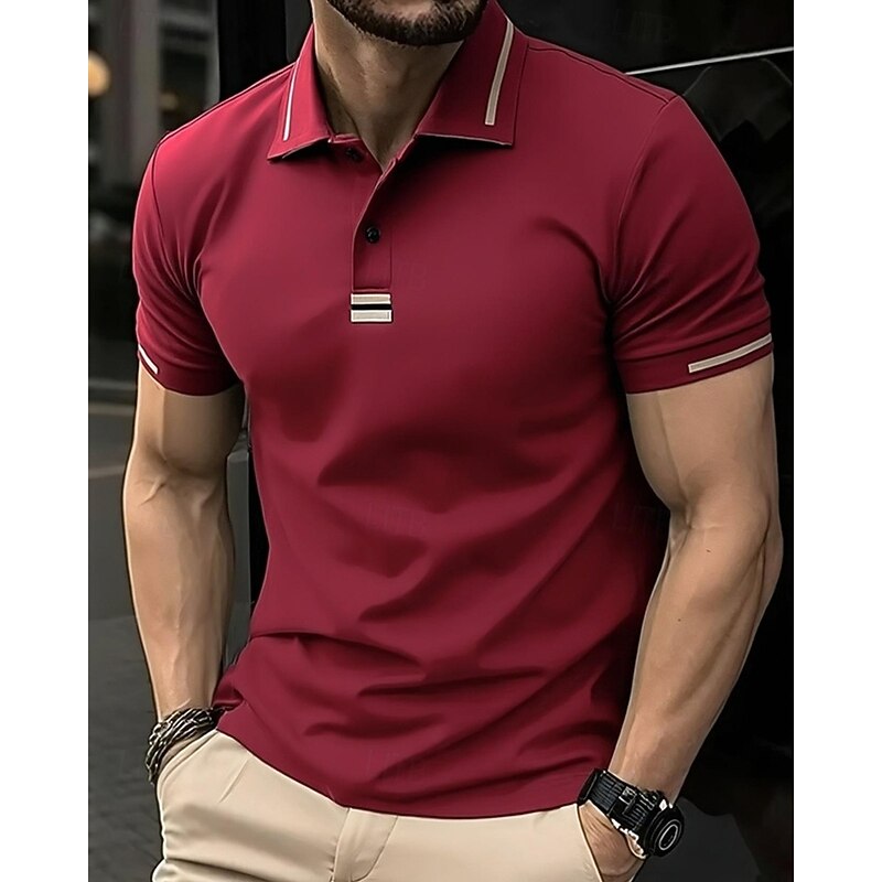 Men's Golf Shirt Golf Polos Shirts Work Casual Lapel Short Sleeve Basic Modern Plain Buttons Summer Regular Fit Wine Golf Shirt