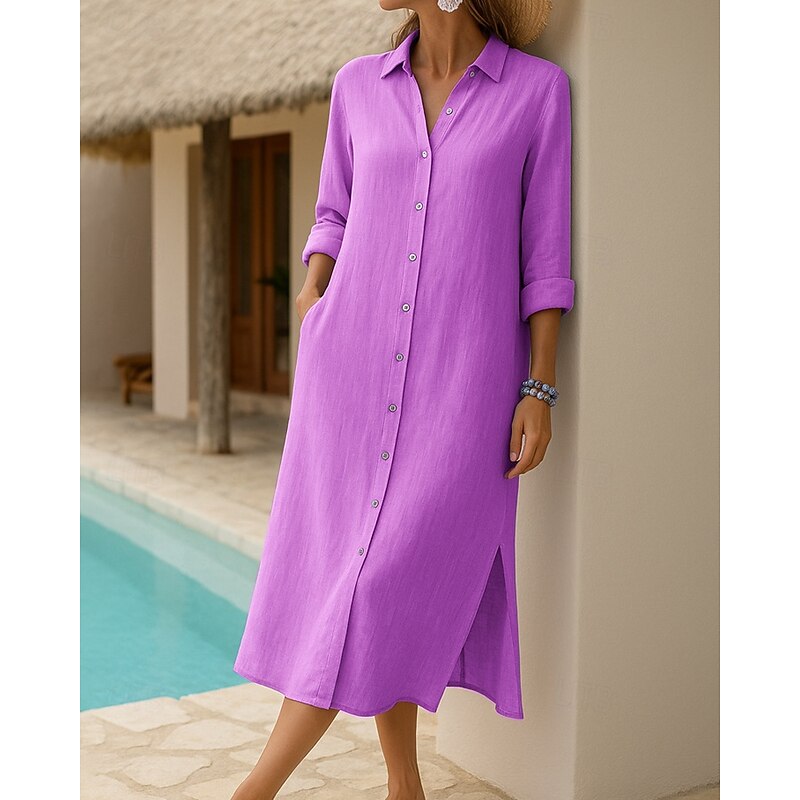 Women's Midi Dress Shirt Dress Casual Dress Classic Modern Outdoor Vacation Holiday Regular Fit Plain Long Sleeve Shirt Collar Yellow Purple Lilac Light Grey Fall3