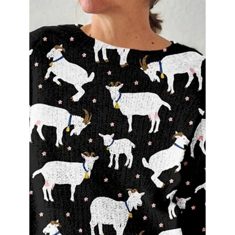 Women's Sweater Pullover Vacation Daily Casual Animal Ribbed Crew Neck Print Long Sleeve Regular Tops Knit Outdoor Daily Holiday Black Blue Fall Winter2